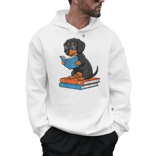 Dachshund Dog With Glasses Reading Book Librarian Men Hoodie - Bookorys