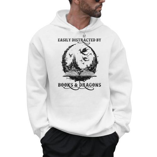 Easily Distracted By Books & Dragons Librarian Book Lover Men Hoodie - Bookorys AU