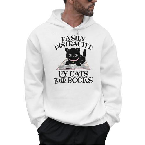 Easily Distracted By Cats And Books Cat Book Lover Men Hoodie - Bookorys DE