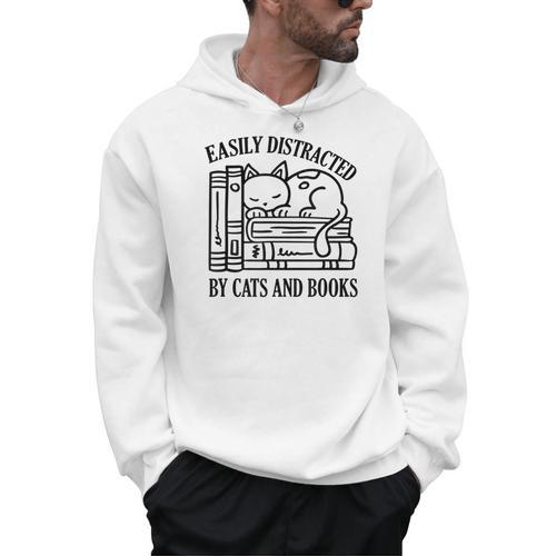 Easily Distracted By Cats And Books Shirt Cat And Book Lover Men Hoodie - Bookorys