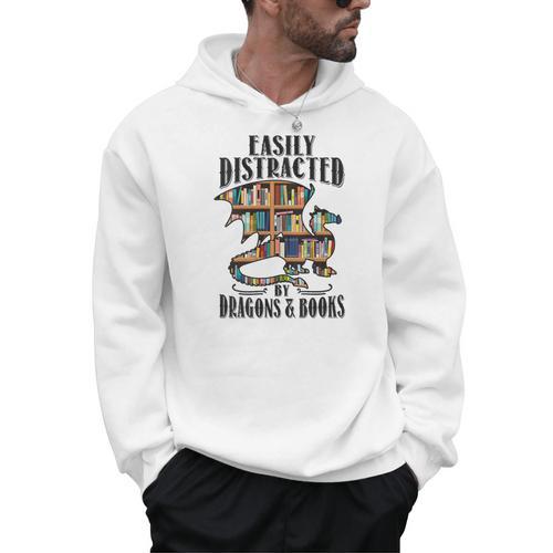 EASILY DISTRACTED BY DRAGONS & BOOKS Medieval Fantasy Reader Men Hoodie - Bookorys AU