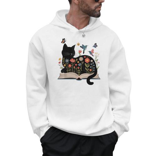 Floral Cat Reading Book Kitten Illustration Men Hoodie - Bookorys