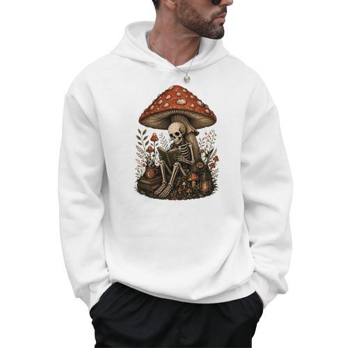 Floral Mushroom Skeleton Reading Books Gothic Humor Men Hoodie - Bookorys