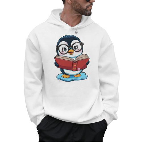 Kawaii Penguin In Cartoon Style With Book And Glasses Men Hoodie - Bookorys