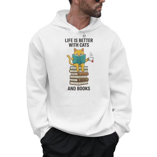Life Is Better With Cats And Books Cat Men Hoodie - Bookorys UK