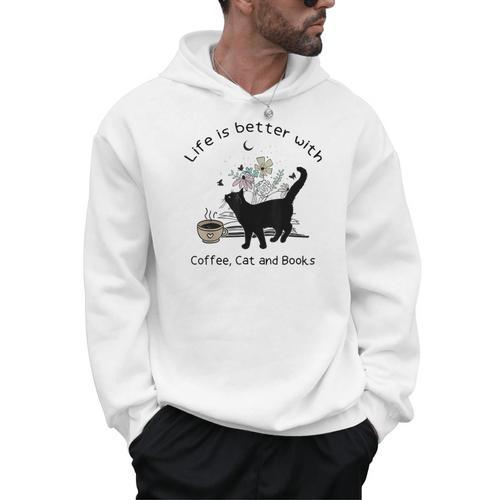 Life Is Better With Coffee Cat And Books Cat Sayings For Men Women Girls Kids Men Hoodie - Bookorys AU