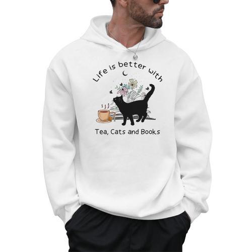 Life Is Better With Tea Cats And Books Cat Sayings Men Hoodie - Bookorys