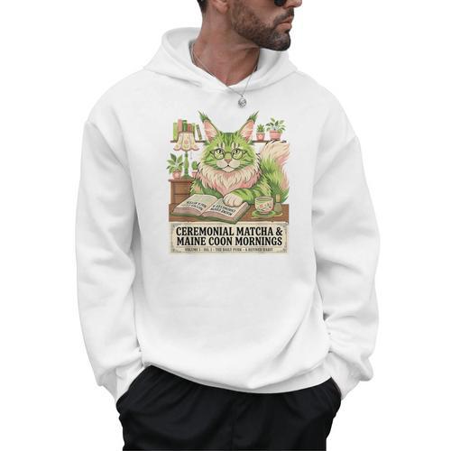 Matcha Drinking Maine Coon Cat Reading Books Aesthetic Men Hoodie - Bookorys AU
