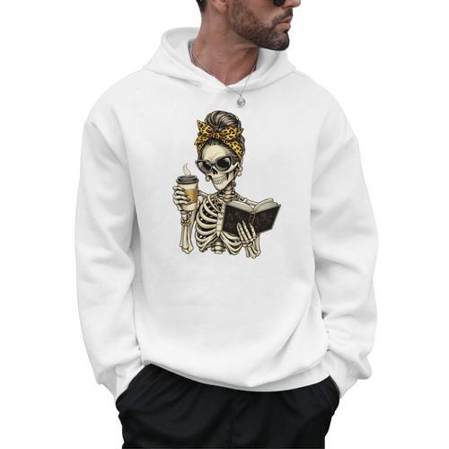 Skeleton Girl Drinking Coffee And Reading Book Men Hoodie - Bookorys CA