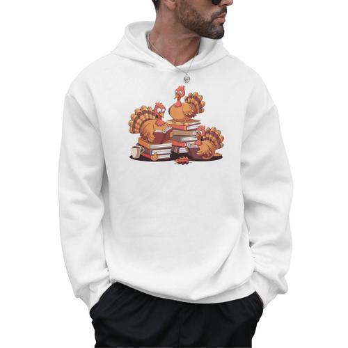 Turkey Reading Books Fall Thanksgiving Teacher Book Lovers Men Hoodie - Bookorys