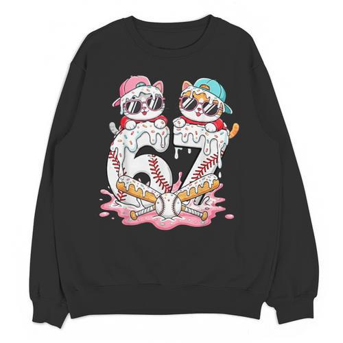 67 Meme Kawaii Cats Baseball Ice Cream Drip 6 7 Kids Unisex Sweatshirt - Sportilla