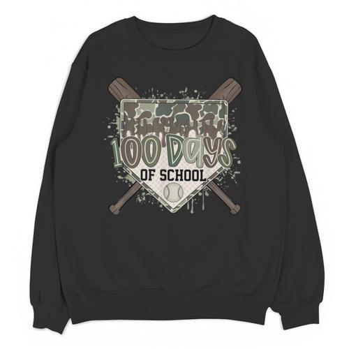 Camo 100 Days Of School Baseball Home Plate Drip Boy Kids Unisex Sweatshirt - Sportilla
