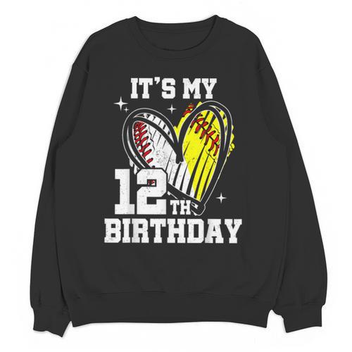 It's My 12th Birthday Baseball Softball Heart 12 Year Old Unisex Sweatshirt - Sportilla