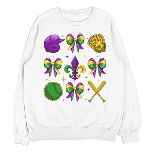 Mardi Gras Baseball Coquette Bow Fat Tuesday Parade Girls Unisex Sweatshirt - Sportilla