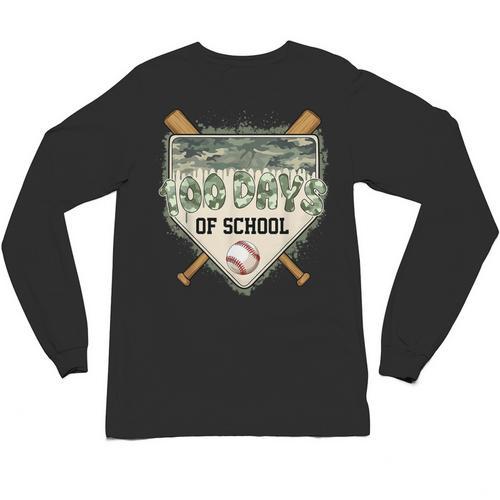 100 Days Of School Home Plate Camo Baseball Dripping Boys Unisex Long Sleeve T-Shirt - Sportilla