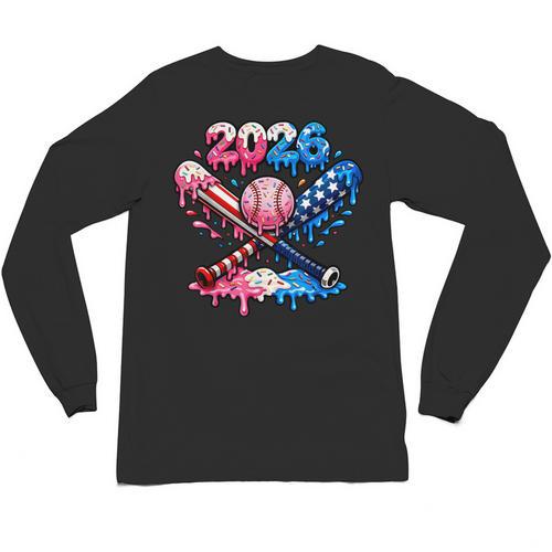 2026 American Flag Baseball Ice Cream Drip Bats Boys Unisex Long Sleeve T-Shirt - Sportilla