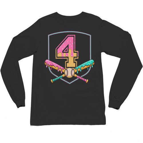4th Birthday Baseball Bat Ice-Cream Drip 4yrs Old Boys Girls Unisex Long Sleeve T-Shirt - Sportilla