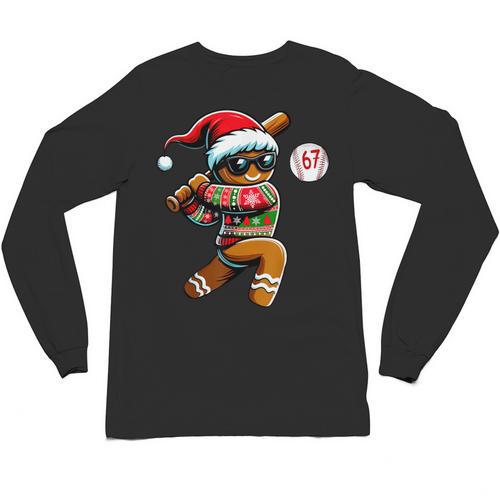 67 Gingerbread Man Playing Baseball Christmas 6 7 Meme Unisex Long Sleeve T-Shirt - Sportilla