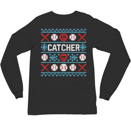 Baseball Catcher Ugly Christmas Sweater Pattern Sports Xmas Unisex Long Sleeve T-Shirt - Sportilla
