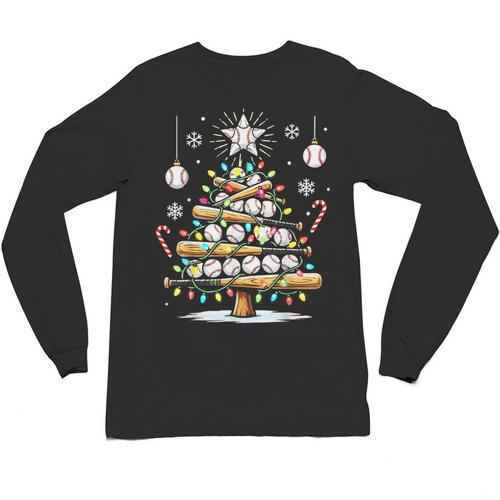 Baseball Christmas Tree Lights Unisex Long Sleeve T-Shirt - Sportilla