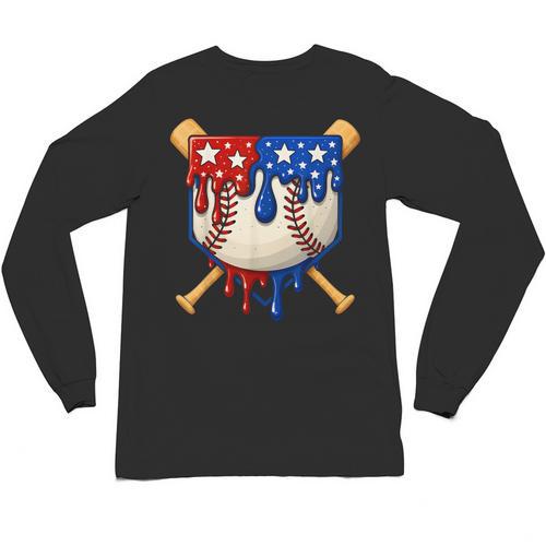 Baseball Drip American Flag Home Plate 4th Of July Patriotic Unisex Long Sleeve T-Shirt - Sportilla
