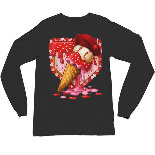 Baseball Heart Valentine Baseball Ice Cream Drip Boys Girls Unisex Long Sleeve T-Shirt - Sportilla