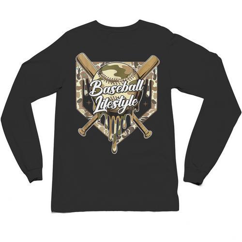 Baseball Life Lifestyle Home Plate Camo Ice Cream Drip Kids Unisex Long Sleeve T-Shirt - Sportilla