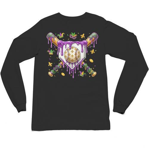 Baseball Mardi Gras Carnival Party Mask Ice Cream Drip Boys Unisex Long Sleeve T-Shirt - Sportilla