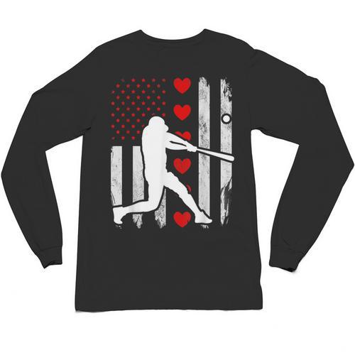 Baseball Silhouette Heart USA Flag Hearts American Boys Kids Unisex Long Sleeve T-Shirt - Sportilla