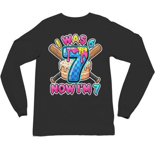 Blue Checkered I Was 6 Now I'm 7 Birthday Cake Baseball Drip Unisex Long Sleeve T-Shirt - Sportilla
