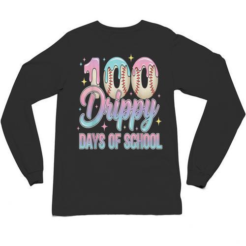 Boys Kids 100 Drippy Days Of School Baseball Drip Ice Cream Unisex Long Sleeve T-Shirt - Sportilla