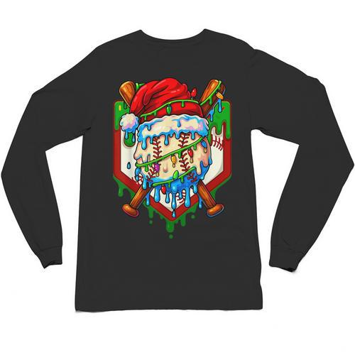 Christmas Baseball Ice Cream Drip Santa Baseball Player Kids Unisex Long Sleeve T-Shirt - Sportilla