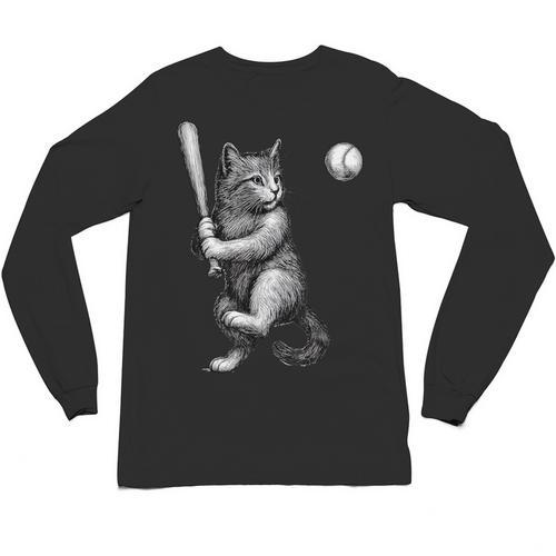 Cute Kitten Playing Baseball Hitter Bat Cool Baseball Cat Unisex Long Sleeve T-Shirt - Sportilla