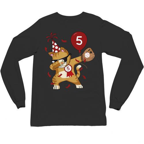 Dabbing Cool Cat Baseball 5th Birthday Unisex Long Sleeve T-Shirt - Sportilla