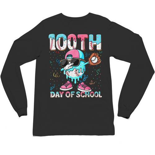 Dabbing Drippy 100th Days Of School Baseball Ice Cream Drip Unisex Long Sleeve T-Shirt - Sportilla