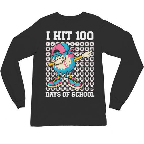 I Hit 100 Days Of School Baseball Ice Cream Drip Boys Girls Unisex Long Sleeve T-Shirt - Sportilla