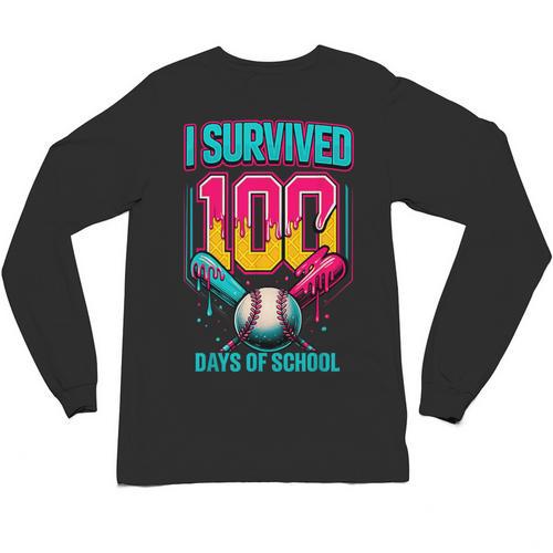 HUGvyn I Survived 100 Days Baseball Teacher Ice Cream Drip Unisex Long Sleeve T-Shirt - Sportilla