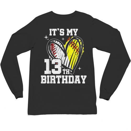 It's My 13th Birthday Baseball Softball Heart 13 Year Old Unisex Long Sleeve T-Shirt - Sportilla