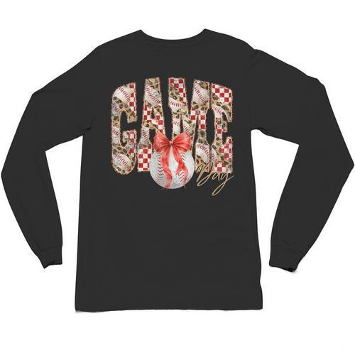 Leopard Checkered Game Day Baseball Coquette Bow Women Girls Unisex Long Sleeve T-Shirt - Sportilla