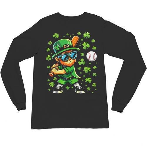 Leprechaun Playing Baseball Happy St Patricks Day Men Boys Unisex Long Sleeve T-Shirt - Sportilla