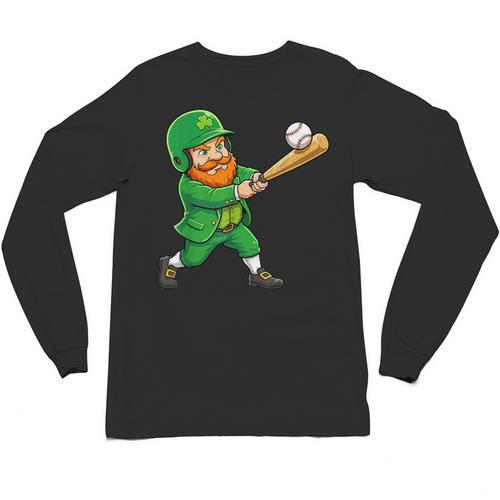 Leprechaun Playing Baseball St Patricks Day Men Boys Kids Unisex Long Sleeve T-Shirt - Sportilla