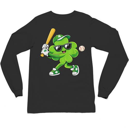 Lucky Shamrock Playing Baseball St Patrick's Kids Boys Unisex Long Sleeve T-Shirt - Sportilla