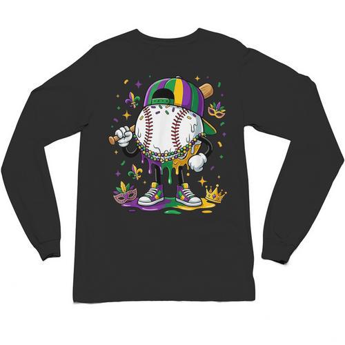 Mardi Gras Ice Cream Drip Baseball Carnival Party Mask Boys Unisex Long Sleeve T-Shirt - Sportilla