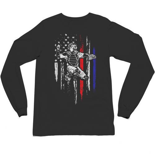 Patriotic Baseball Catcher American Flag Sports Tee Unisex Long Sleeve T-Shirt - Sportilla