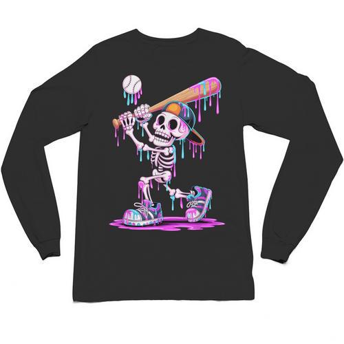 Skeleton Baseball Drip Boys Youth Kids Halloween Unisex Long Sleeve T-Shirt - Sportilla