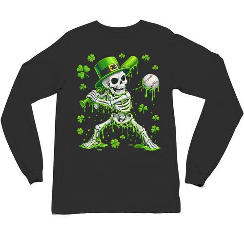 St Patricks Day Baseball Skeleton Irish Leprechaun Hat Boys Unisex Long Sleeve T-Shirt - Sportilla