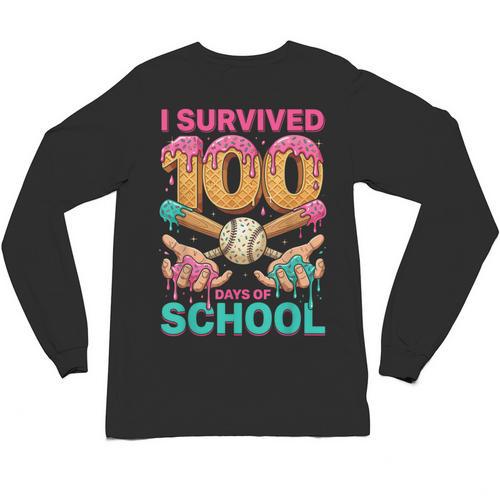 I Survived 100 Days Of School Baseball Ice Cream Drip Unisex Long Sleeve T-Shirt - Sportilla