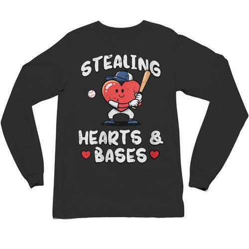 Women's Valentines Day Baseball Stealing Hearts Bases Boys Kids Men Unisex Long Sleeve T-Shirt - Sportilla