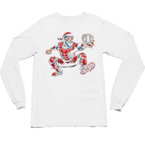 Santa Playing Baseball Catcher Merry Christmas Sport Player Unisex Long Sleeve T-Shirt - Sportilla