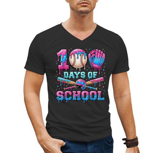100 Days Of School Baseball Sports Drip Graphic Men's V-Neck T-Shirt - Sportilla